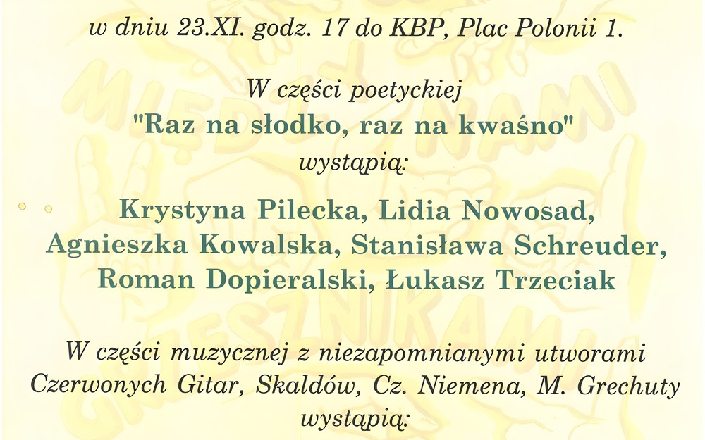 Plakat promujący tomik Stanisławy Schreuder „Między nami grzesznikami”