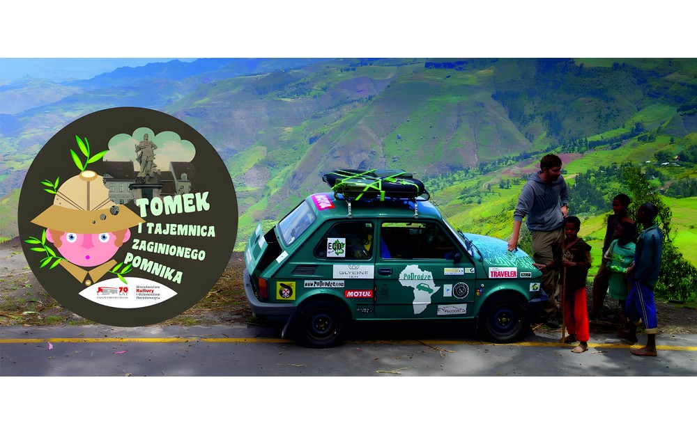 Plakat promujący finał projektu ,,Tomek i tajemnica zaginionego pomnika (cykl imprez promujących twórczość A. Szklarskiego w 105. rocznicę jego urodzin)’’