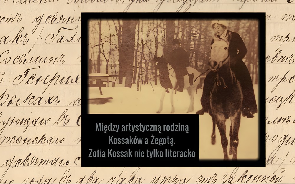 Grafika promująca spotkanie pt. „Między artystyczną rodziną Kossaków a Żegotą. Zofia Kossak nie tylko literacko”. Na pierwszym planie kobieta na koniu , na drugim planie mężczyzna na koniu.