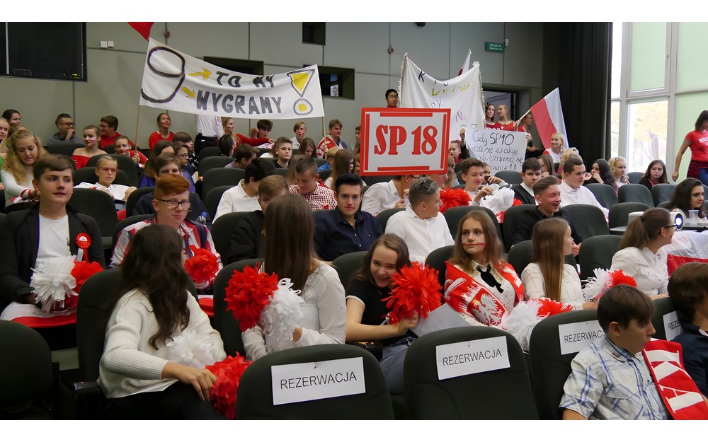 Kibicujmy Polsce: zdjęcie zrobione podczas  Turnieju Wiedzy o życiu literackim Dwudziestolecia międzywojennego. Uczniowie drużyn biorących udział w turnieju, przebrani w barwy narodowe Polski , kibicują swoim.