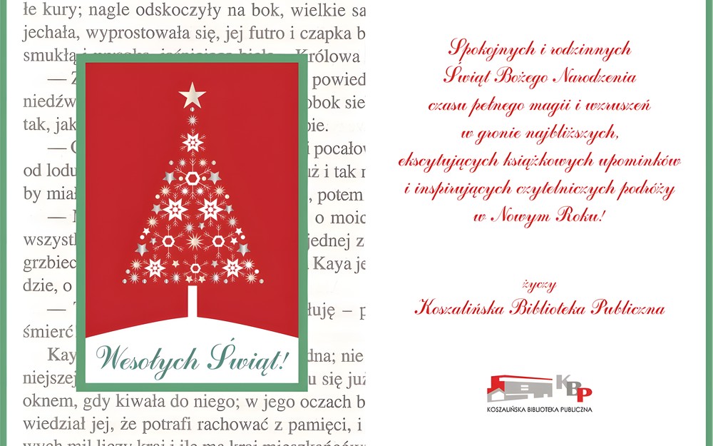 Grafika, na której znajdują się życzenia świąteczne od Koszalińskiej Biblioteki Publicznej.