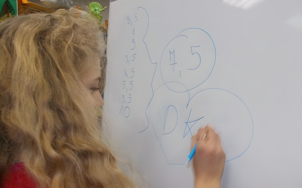 Dziewczynka zapisuje na tablicy flipart oceny klubowiczów