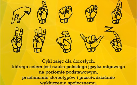 Plakat z informacja na temat kursu z podstaw jezyka migowego