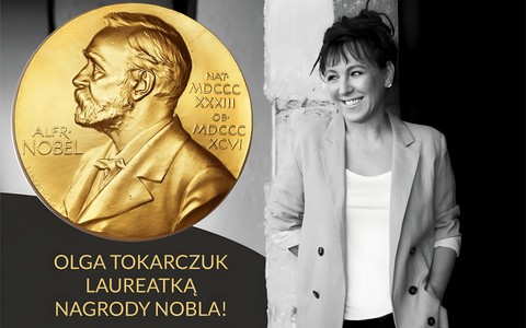 Od lewej: Grafika przedstawiająca złoty medal dla Olgi Tokarczuk, dalej zdjęcie Olgi Tokarczuk - laureatki literackiego Nobla za 2018 rok