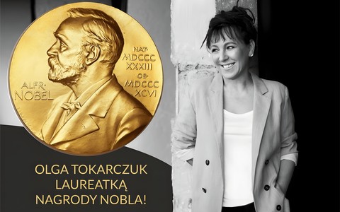 Na zdjęciu: Od lewej: Medal z wizerunkiem Nobla i napis Olga tokarczuk laureatką Nagrody Nobla, dalej zdjęcie Olgi Tokarczuk
