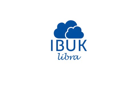 Logo Ibuk libra. Niebieski napis IBUK libra nad nim dwie niebieskie chmurki