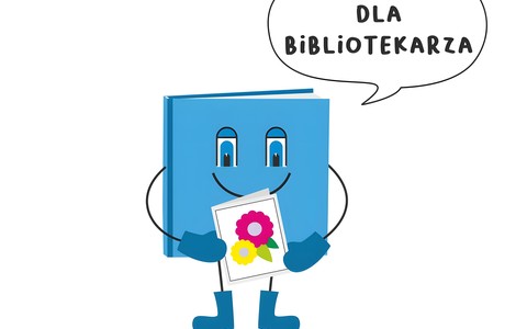 Grafika promująca Konkurs "Kartka dla bibliotekarza". Książka trzyma w rękach laurkę. Jest napis w chmurze: Kartka dla Bibliotekarza oraz Tydzień Bibliotek 2020