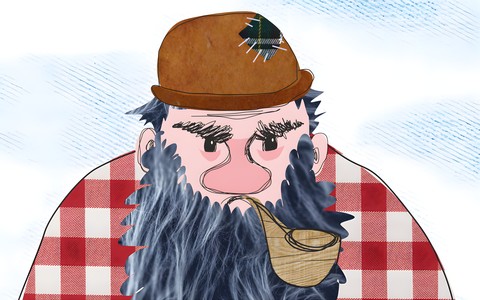 Zbój z Góry Chełmskiej. Ma koszulę w biało-czerwoną kratkę, długą brodę, czapkę z łatą, srogi wyraz twarzy i pali fajkę