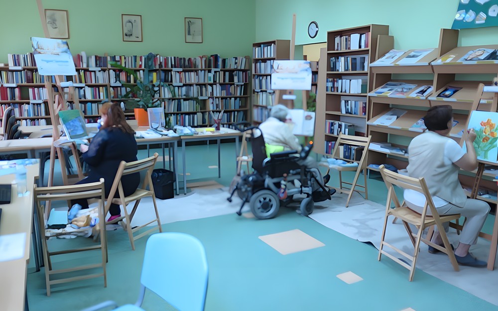 na zdjęciu uczestniczki malują obrazy, dwie siedzą na krześle, jedna na wózku inwalidzkim