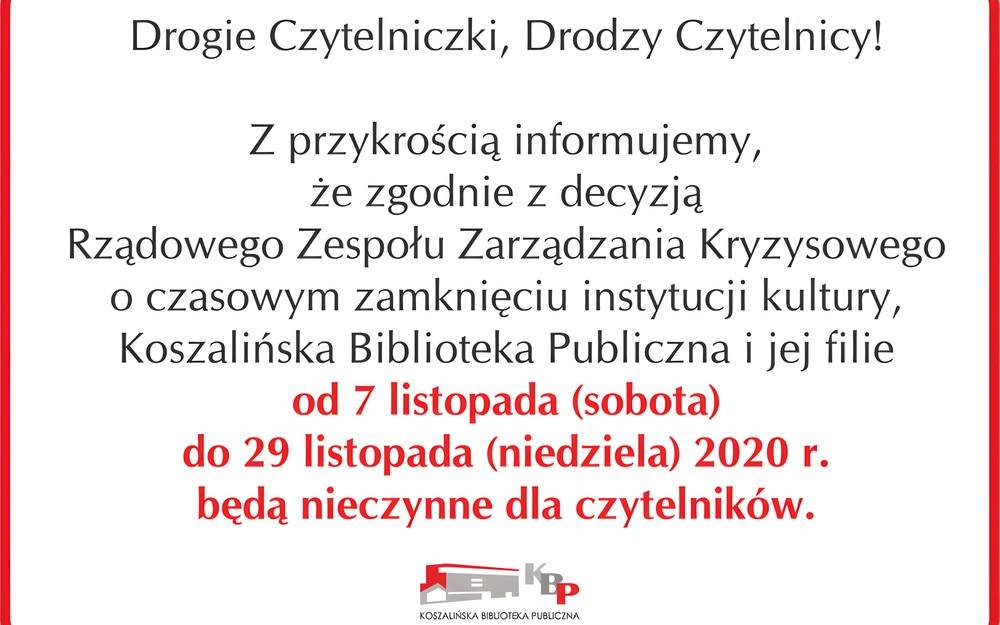Biblioteka nieczynna od 07.11 do 29.11