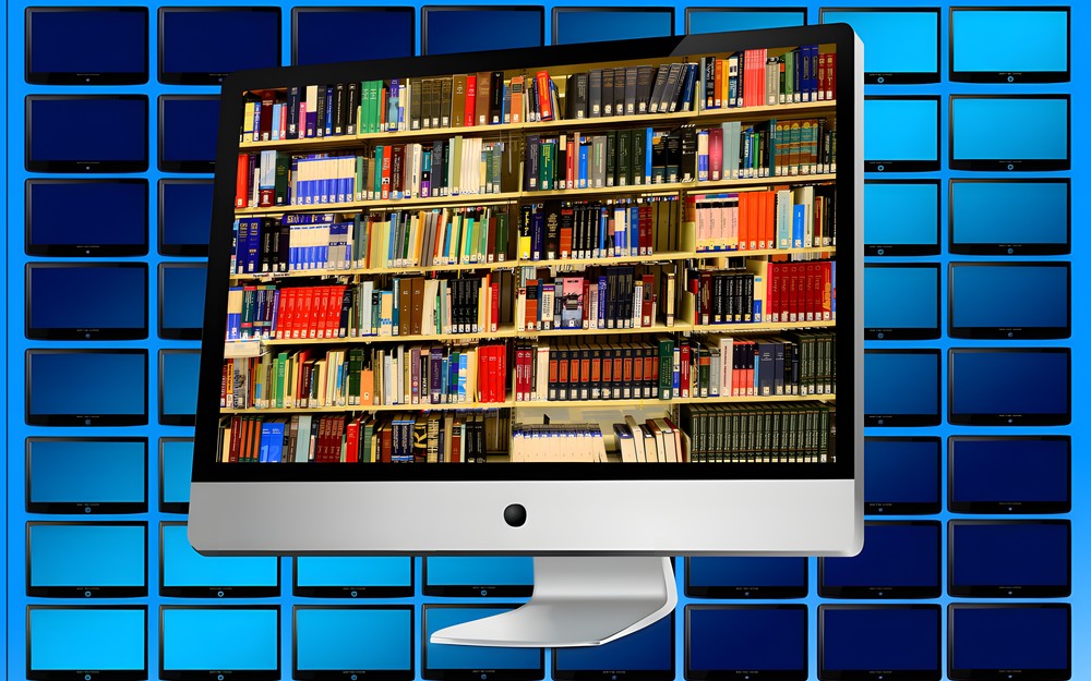 Na zdjęciu widoczny ekran monitora , a w nim książki. Źródło zdjęcia: Pixabay.pl