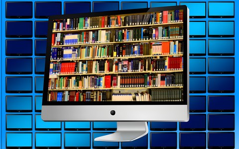 Na zdjęciu widoczny ekran monitora , a w nim książki. Źródło zdjęcia: Pixabay.pl