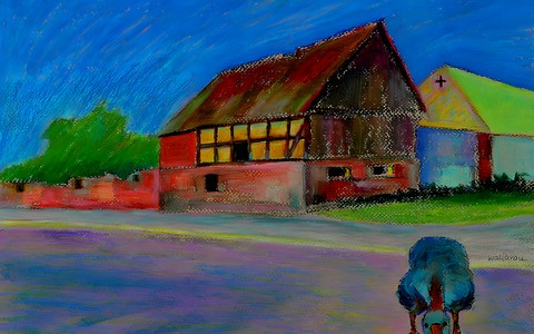 Zdjęcie pracy Waja Jarosza. Na pierwszym planie widoczna gęś. Z dyłu zabudowa: dwa budynki , w tym jeden szachulcowy i jeden to ruiny.