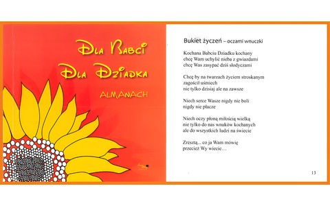 Grafika: Prostokąt. Z lewej strony okładka tomiku poezji "Dla Babci. Dla Dziadka" - na pomarańczowym tle w rogu widać żółty słonecznik i tytuł. Z prawej strony widoczny jest wiersz. i