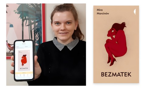 Na zdjęciu: Po lewej stronie bibliotekarka Aleksandra pokazuje e-booka „Bezmatek” w Legimi. Po prawej stronie zbliżenie okładki tej książki
