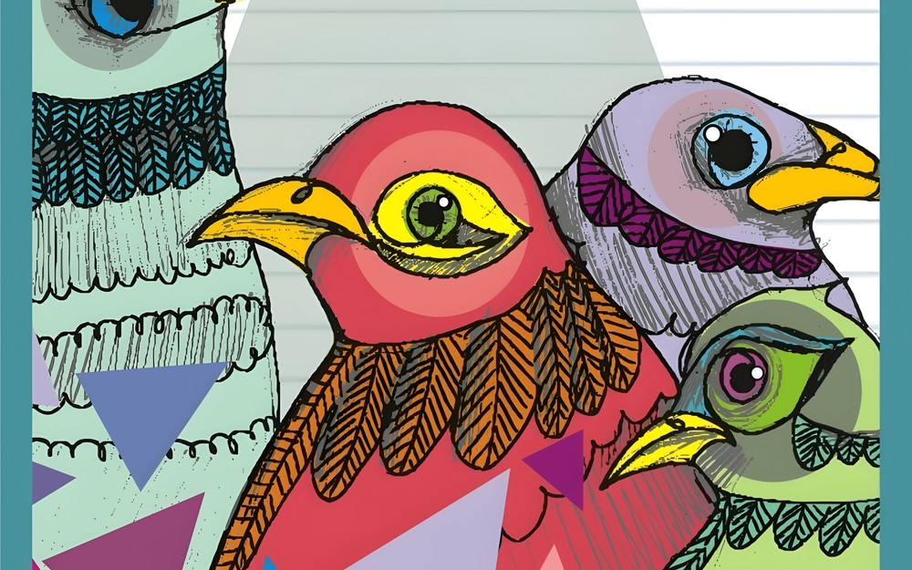 Logo promujące Regionalny Turniej Recytatorski „Ptaki, Ptaszki i Ptaszęta polne”. Na grafice widać cztery kolorowe ptaki.