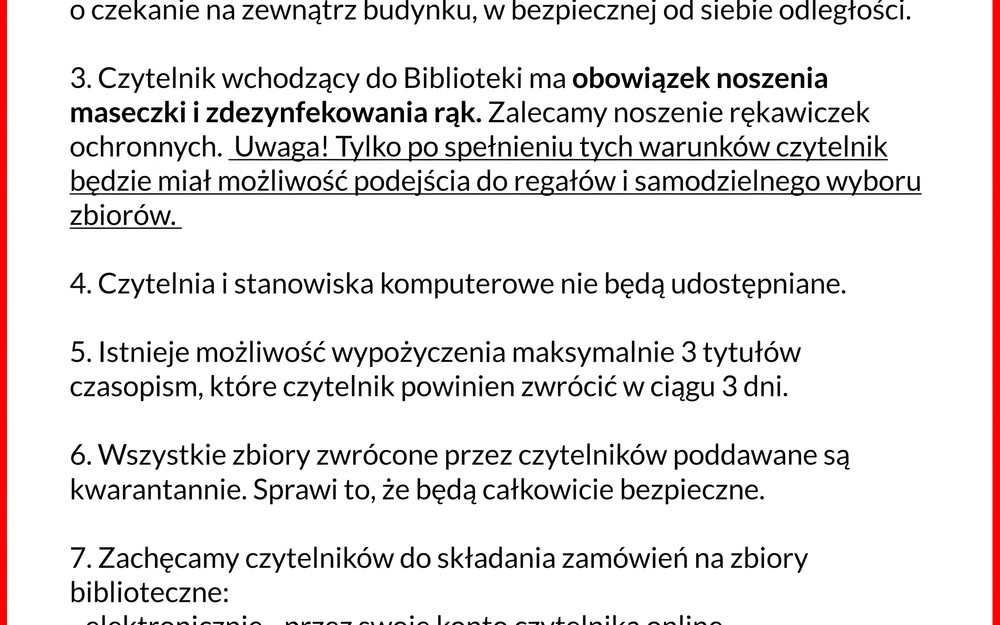 Plakat z informacjami na temat bezpiecznego korzystania ze zbiorów Filii nr 6