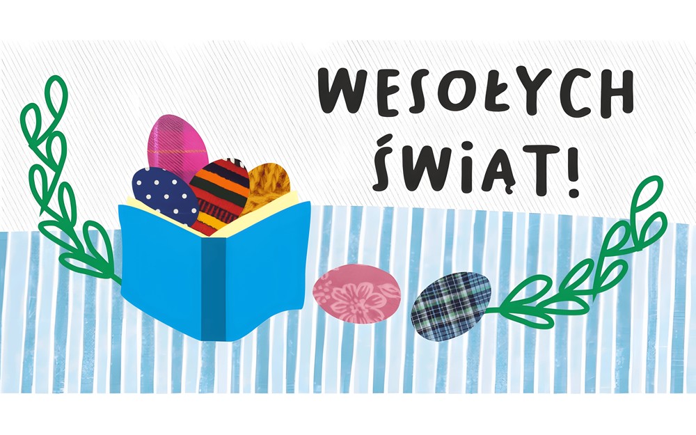 Grafika z napisem Wesołych Świąt. Pisanki czytają ksiażkę.