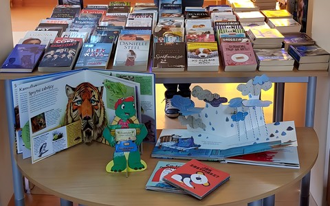 Bibliotekarka stoi przy stoliku, na którym znajdują się najciekawsze książki z różnych działów