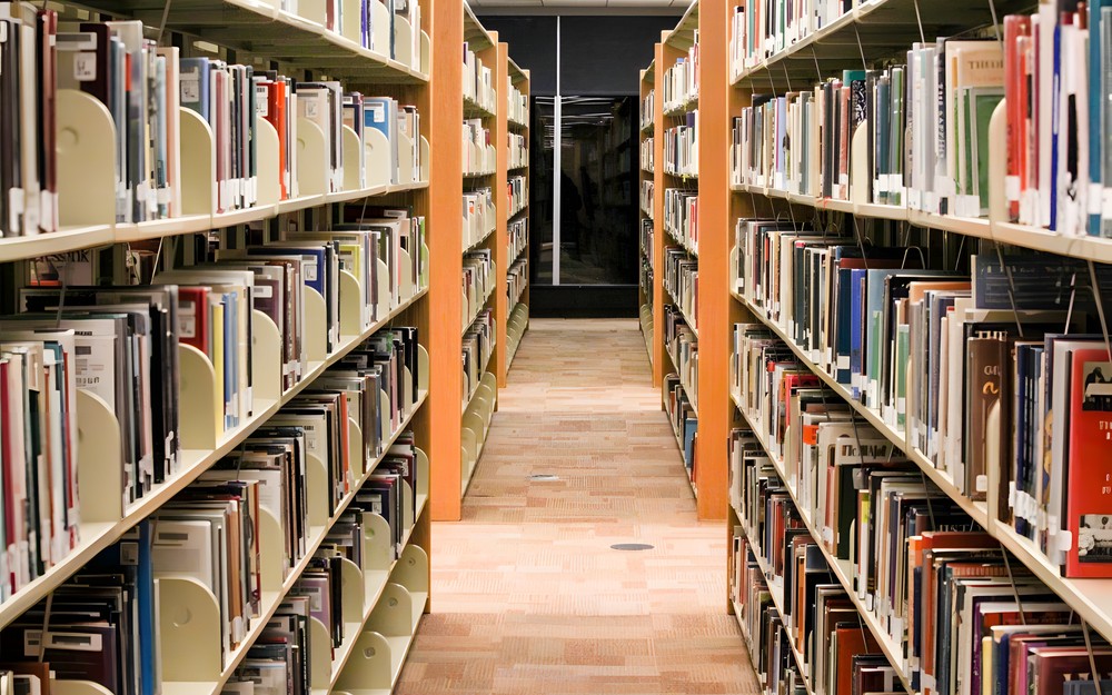 Na zdjęciu wnętrze biblioteki, regały