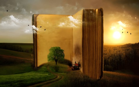 Na zdjęciu: Krajobraz na tle otwartej, stojącej książki z czerwonym krzesłem, źródło zdjęcia: Pixabay.com