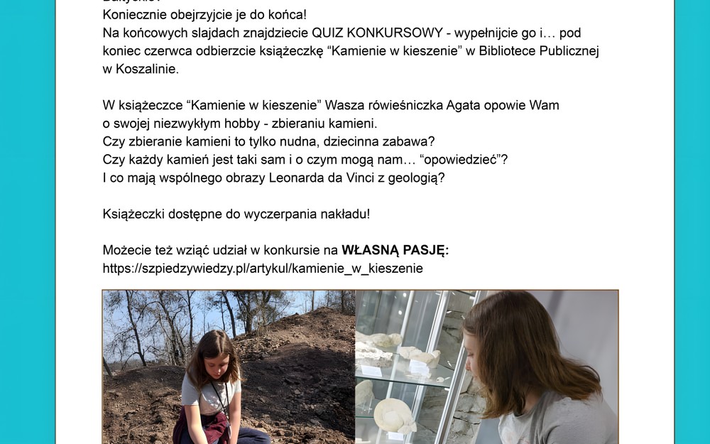 Na zdjęciu plakat promujący geo-projekt dla dzieci i młodzieży KAMIENIE W KIESZENIE