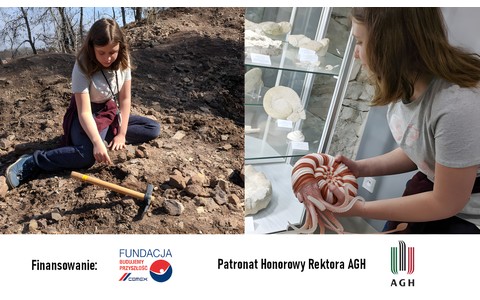 Na zdjęciu od lewej: Dziewczynka szuka kamieni w ziemi. Na drugim zdjęciu dziewczynka ogląda eksponaty geologiczne