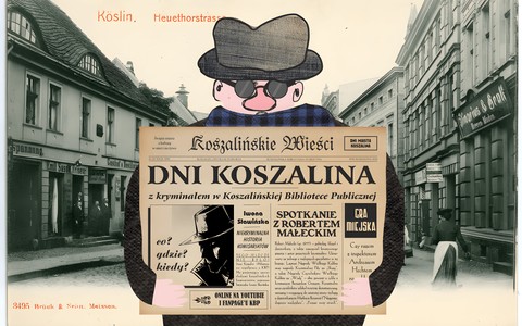 Grafika promująca Kryminalne Dni Koszalina. Sylwetka mężczyzny, który czyta gazetę "Koszalińskie wieści" na tle starej zabudowy Koszalina.