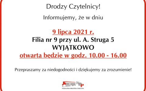 Infomacja o godzinach otwarcia biblioteki 09.07.2021 r.