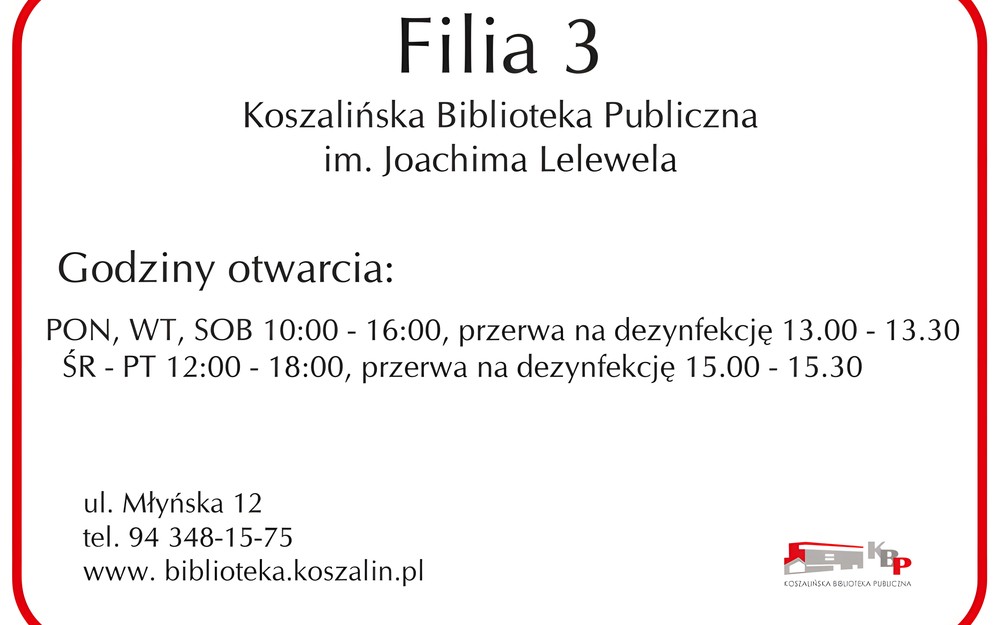 Informacja o godzinach otwarcia biblioteki od września 2021 r.