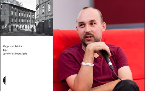Grafika przedstawia, po lewej stronie okładkę książki Kajś. Opowieści o Górnym Śląsku, po prawej fotografię portretową Zbigniewa Rokity (Zbigniew Rokita podczas Miesiąca Spotkań Autorskich 2018, Wrocław, autor Rafał Komorowski, licencja CC BY-SA 4.0)