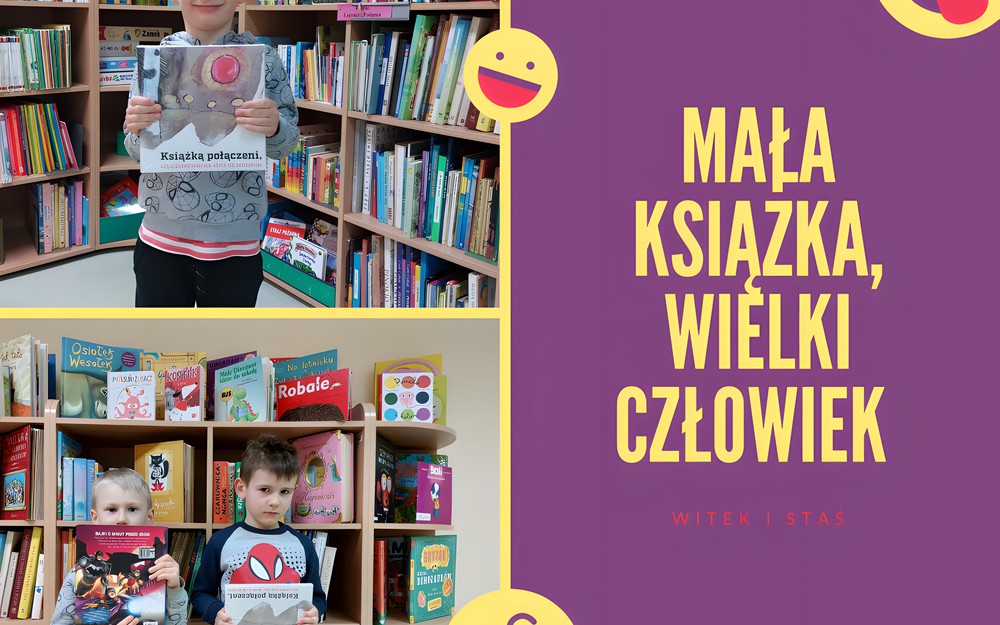 Chłopcy pozują z książka z akcji ,,Mała ksiązka, wielki człowiek"