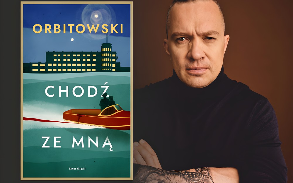 Grafika przedstawia okładkę książki "Chodź ze mną" na tle zdjęcia portretowego Łukasza Orbitowskiego