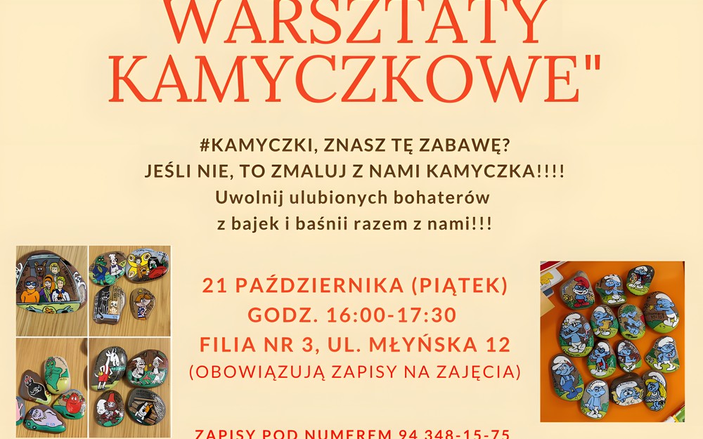 Plakat zapraszający na warsztaty kamyczkowe
