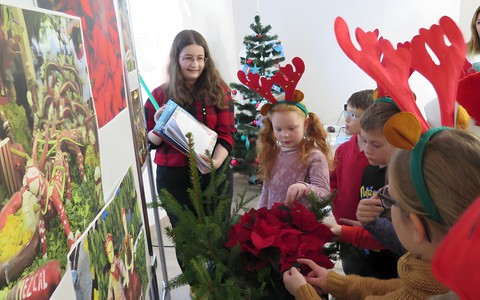 Bibliotekarka opowiada dzieciom o meksykańskich tradycjach świątecznych.