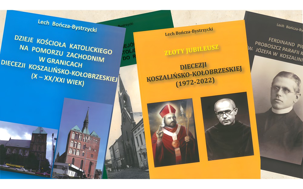 Kolaż publikacji ks. prof. Lecha Bończy-Bystrzyckiego