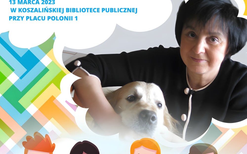 Plakat Renaty Piątkowskiej z psem. Kolorowy, z kolorowymi dziećmi