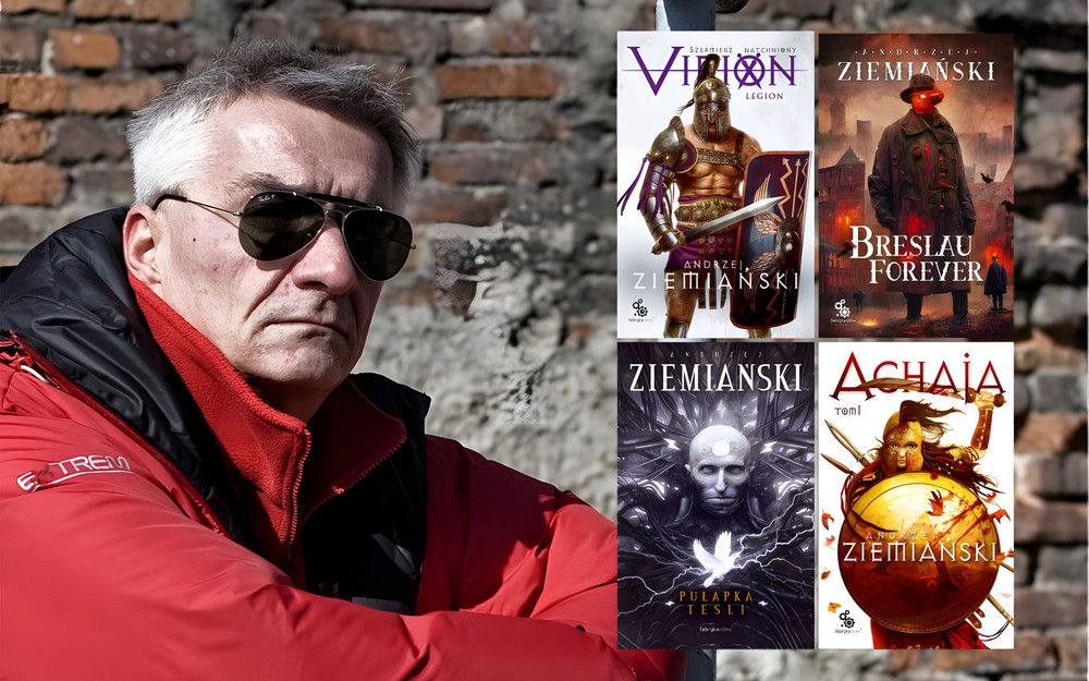 Grafika przedstawiającą Andrzeja Ziemiańskiego z okładkami jego książek / fot. autora copyright © Michał Mucha