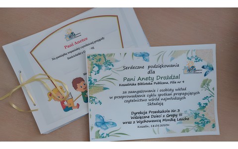 Dyplom z podziękowaniami od dzieci z przedszkola dla Anety