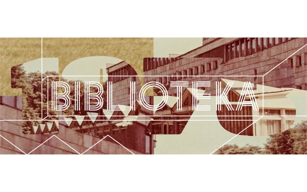 Grafika przedstawia kolaż archiwalnych zdjęć biblioteki połączony z typografią, napisy 1973 i biblioteka są wtopione w tło. Projekt grafiki - Łukasz Waberski.