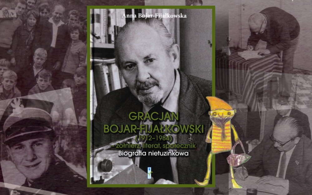 Grafika przedstawia kolaż zdjęć z archiwum rodziny Bojar-Fijałkowskich, na pierwszym planie grafiki znajduje się okładka książki, która promowana będzie podczas spotkania. Po prawej stronie okładki widnieje ilustracja dziecięca przedstawiająca karzełka.