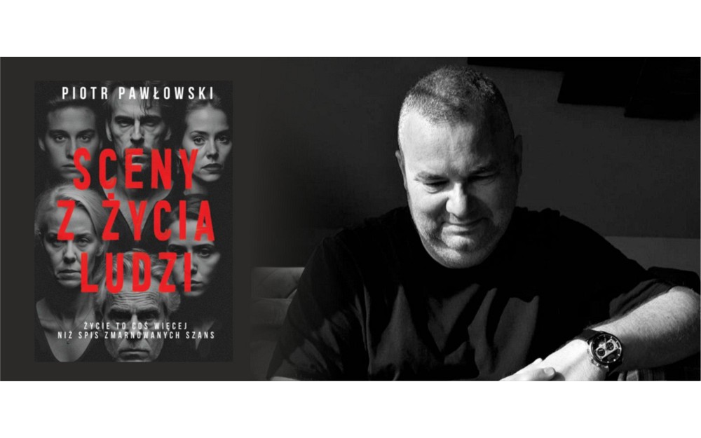 Grafika przedstawia zdjęcie portretowe Piotra Pawłowskiego, po lewej stronie widoczna jest okładka promowanej książki