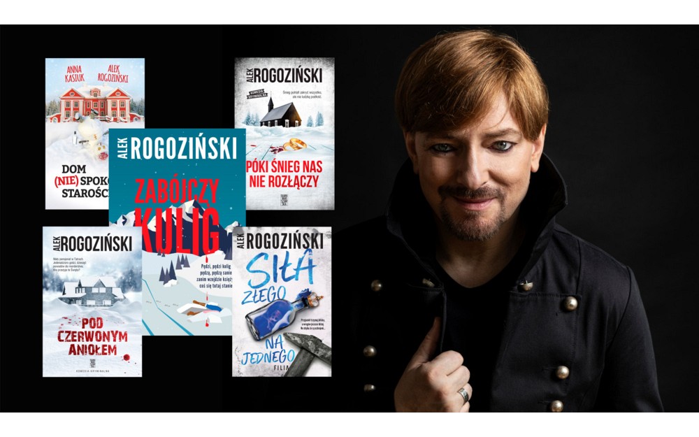 Grafika przedstawia portret Alka Rogozińskiego oraz okładki jego książek