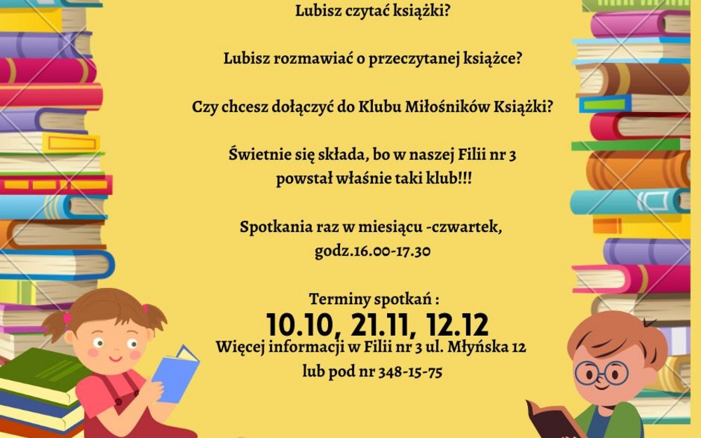 Plakat promujący spotkania Klubu Miłośników Książki