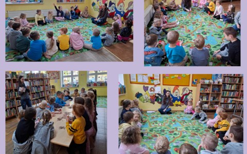 kolaż zdjęć z zajęć w bibliotece, dzieci siedzą w kole słuchają książki i robią pracę plastyczną