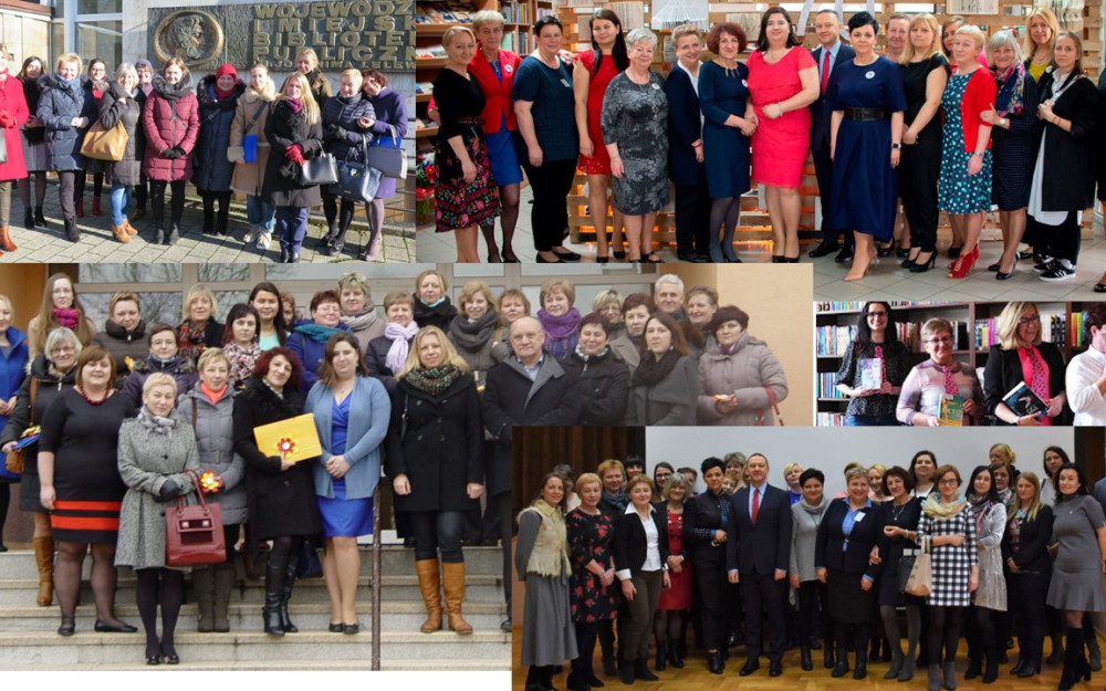 Kolaż wielu zdjęć grupowych bibliotekarek gminnych powiatu koszalińskiego