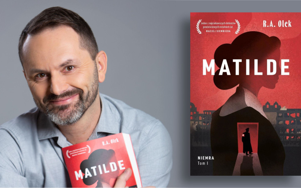 Grafika przedstawia autora i okładkę książki Matilde