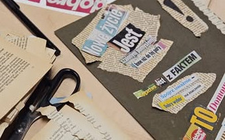 zbliżenie na prace słuchacza- kolaż słowny- wycinki słów z prasy tworzą nowe wyrażenia