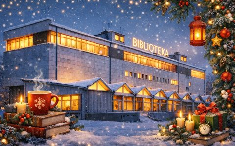 Grafika przedstawia budynek biblioteki w zimowej scenerii.