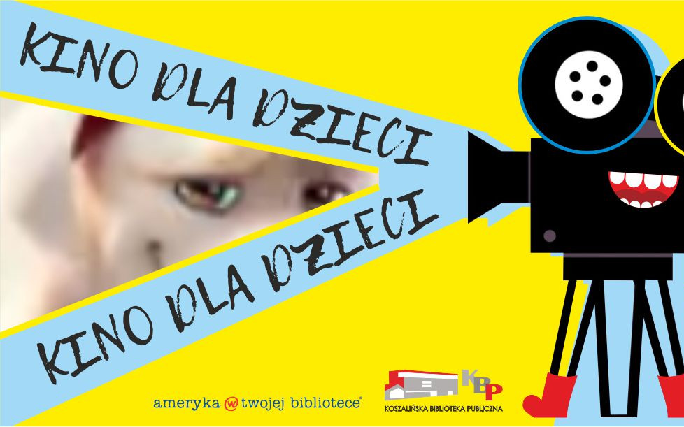 Plakat przedstawia rysunkową kamerę na statywie widzianą z boku, stojącą po prawej stronie, po lewej pada światło projekcji.